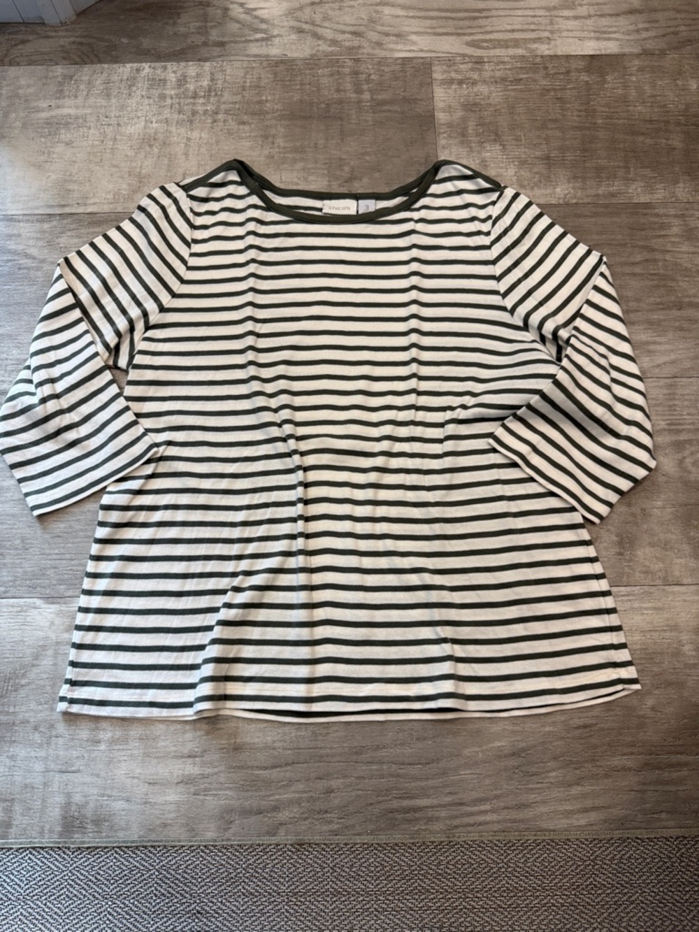 Chico's White and Dark Green Striped Scoop Neck Long Sleeve Top
